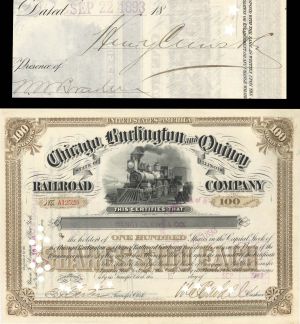 Chicgo, Burlington and Quincy Railroad Co. Issued to Henry Clews and Co., N.Y. and signed by Henry Clews  - 1893 dated Autographed Stock Certificate