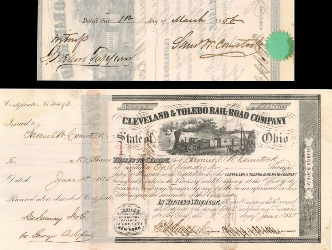 Cleveland and Toledo Rail-Road Co. Issued to Samuel W. Comstock and signed on back  - 1855 dated Autographed Stock Certificate