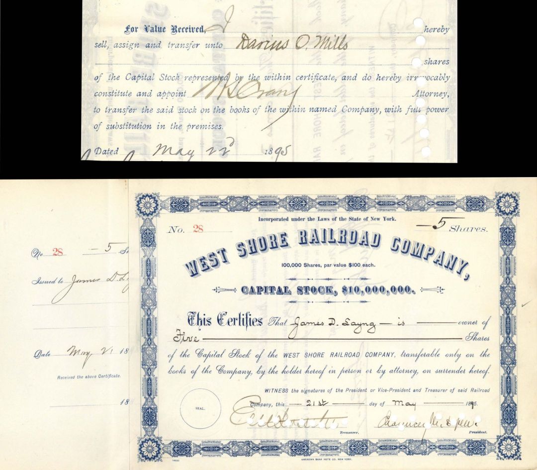 West Shore Railroad Co. Signed by Chauncey M. Depew - 1895-1899 dated Autographed Stock Certificate