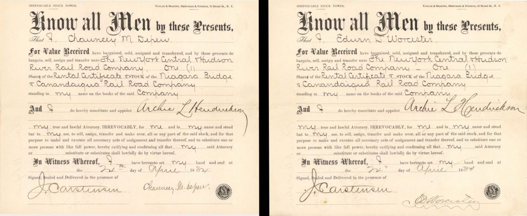 Pair of New York Central and Hudson River Railroad Co. Transfers Signed by Chauncey M. Depew and E.D. Worcester - 1884 dated Autographed Stock Transfers