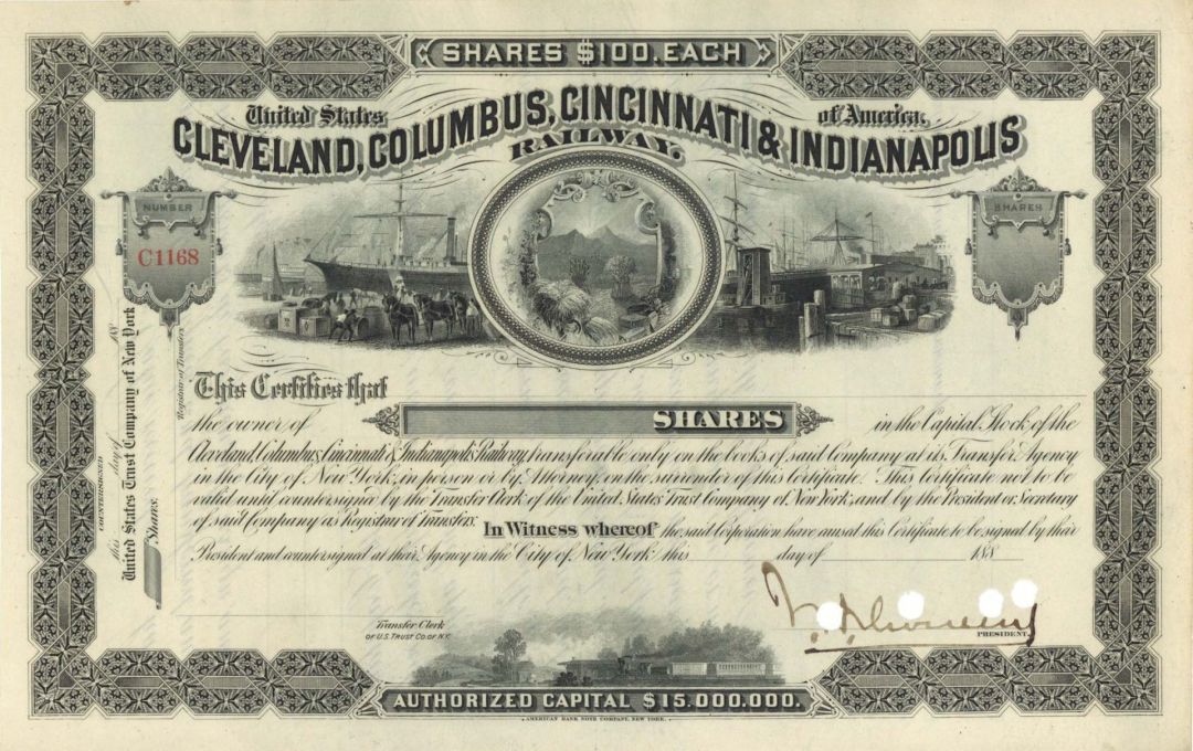 Cleveland, Columbus, Cincinnati and Indianapolis Railway signed by J. H. Devereux - Unissued Autographed Stock Certificate