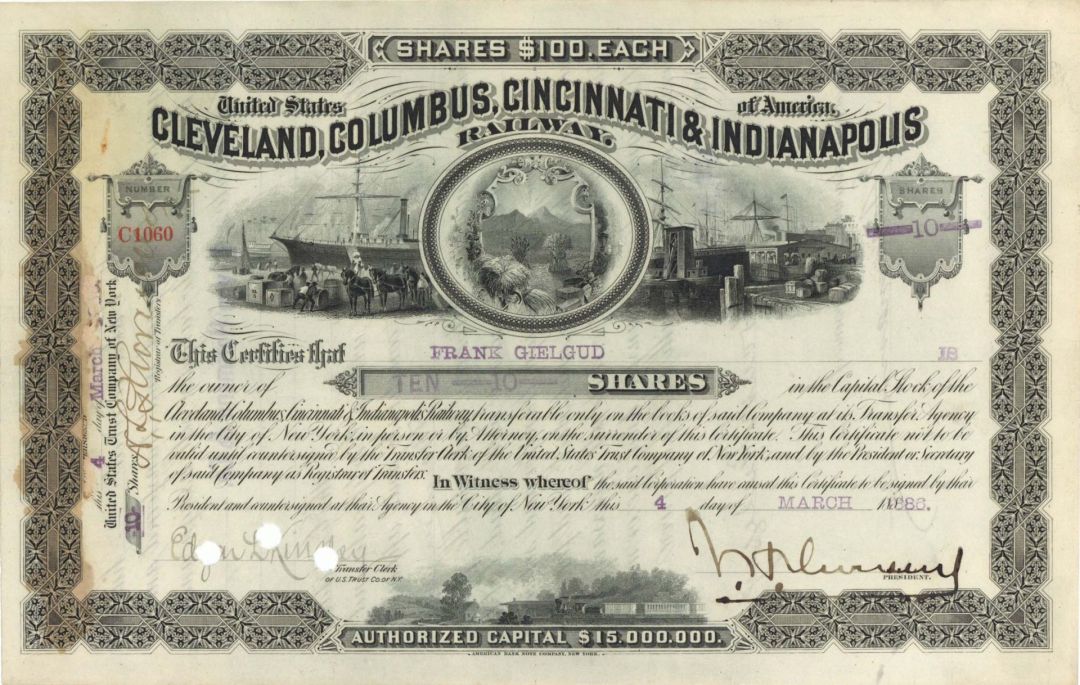 Cleveland, Columbus, Cincinnati and Indianapolis Railway signed by J. H. Devereux - 1886 dated Autographed Stock Certificate