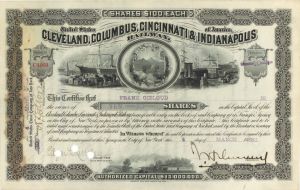 Cleveland, Columbus, Cincinnati and Indianapolis Railway signed by J. H. Devereux - 1886 dated Autographed Stock Certificate