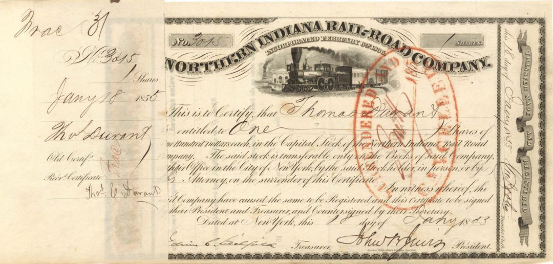 Northern Indiana Rail-Road Co. Issued to and signed by Thomas Durant - 1855 dated Autograph Railway Stock Certificate