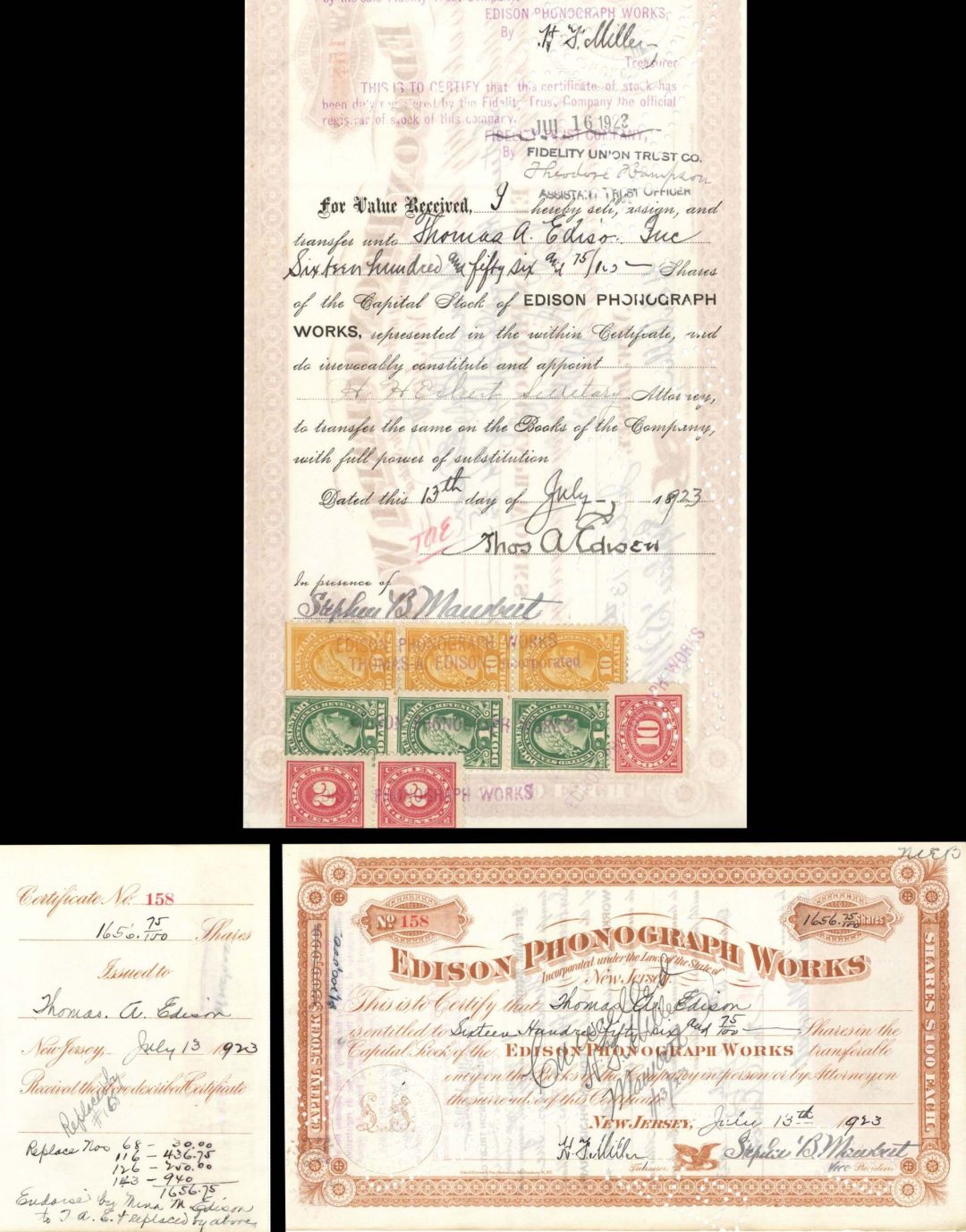 Edison Phonograph Works issued to and signed by Thomas A. Edison and Mention of Mina M. Edison - 1923 dated Autographed Stock Certificate