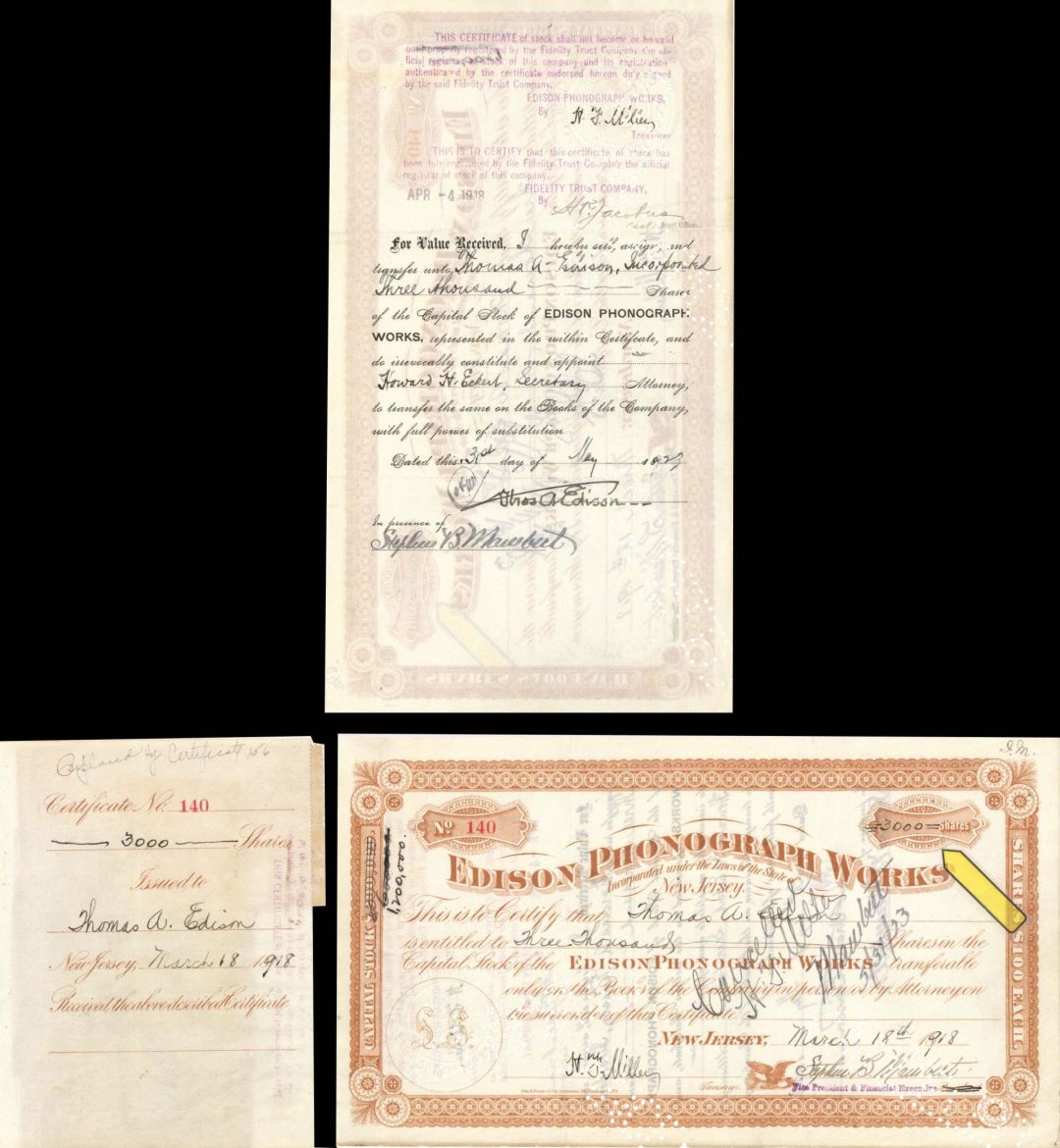 Edison Phonograph Works issued to and signed by Thomas A. Edison - 1918 and 1923 dated Autographed Stock Certificate