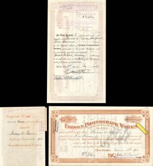 Edison Phonograph Works issued to and signed by Thomas A. Edison - 1918 and 1923 dated Autographed Stock Certificate