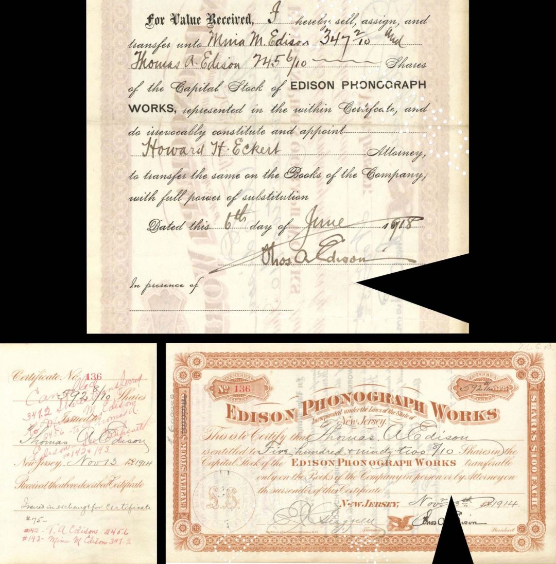 Edison Phonograph Works issued to and signed by Thomas A. Edison and Transfer to Mina M. Edison - 1914 dated Autographed Stock Certificate