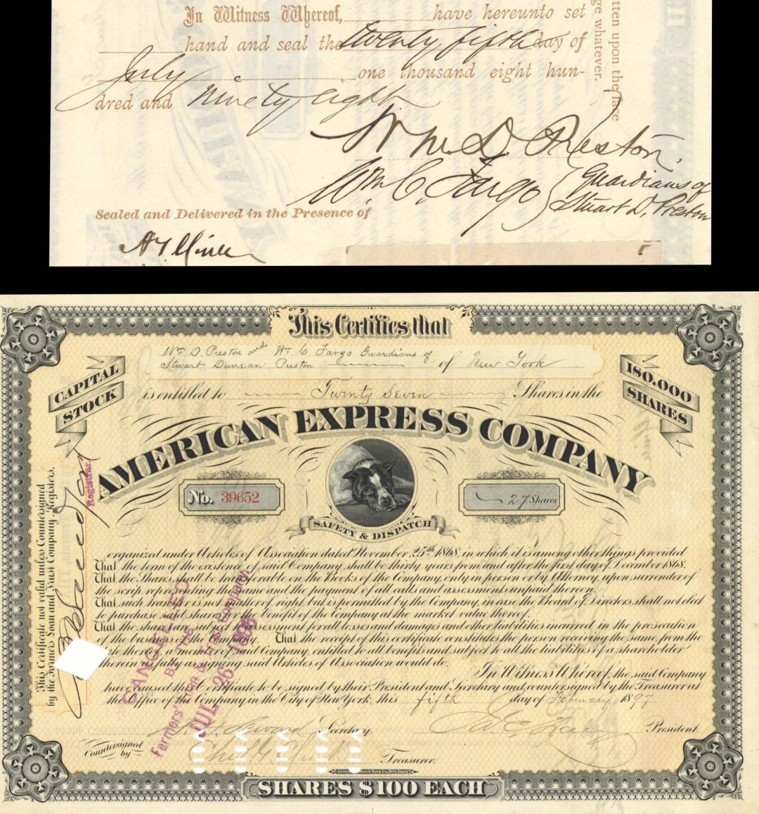 American Express Co.  signed by J.C. Fargo, W. C. Fargo and W.H. Seward, Jr. - 1897 dated Autographed Stock Certificate