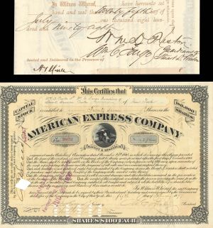 American Express Co.  signed by J.C. Fargo, W. C. Fargo and W.H. Seward, Jr. - 1897 dated Autographed Stock Certificate
