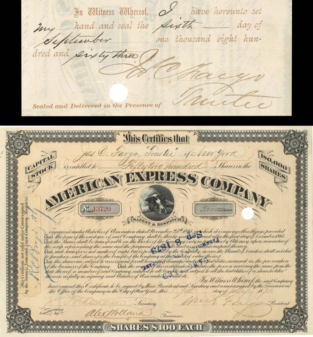 American Express Co.  issued to and signed by J.C. Fargo and W. G. Fargo - 1873 dated Autographed Stock Certificate