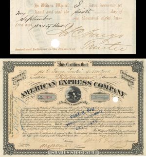 American Express Co.  issued to and signed by J.C. Fargo and W. G. Fargo - 1873 dated Autographed Stock Certificate