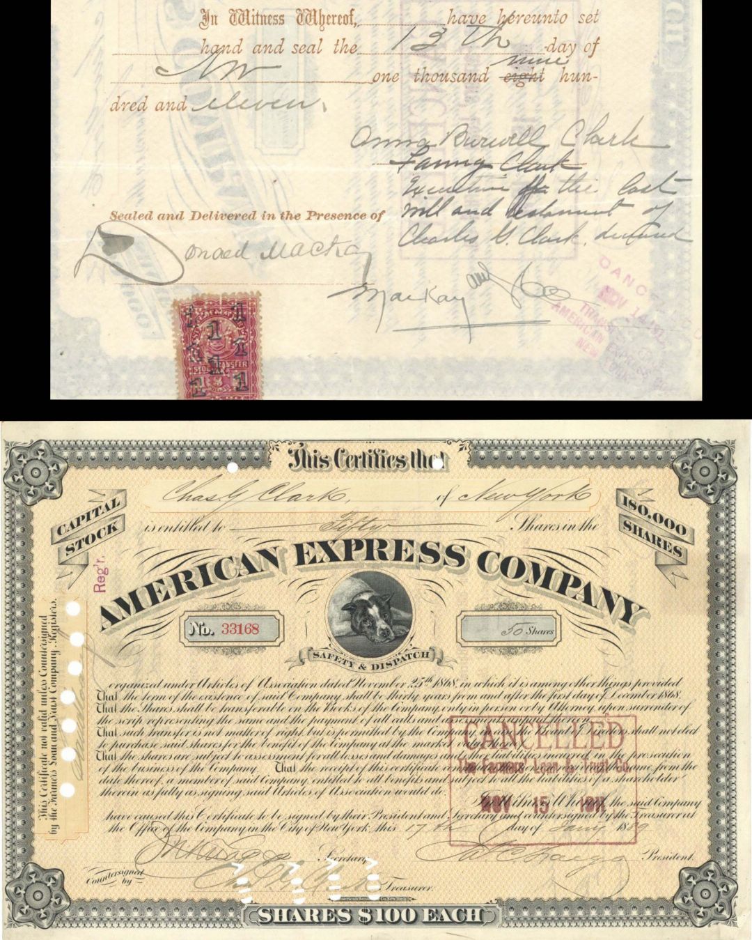 American Express Co.  Signed by J.C. Fargo and Charles G. Clark - 1889 and 1911 dated Autographed Stock Certificate