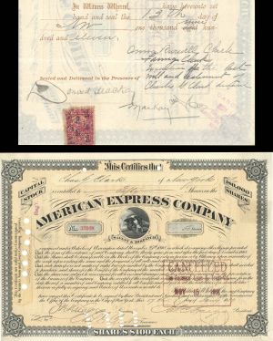 American Express Co.  Signed by J.C. Fargo and Charles G. Clark - 1889 and 1911 dated Autographed Stock Certificate