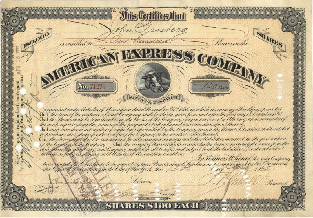 American Express Co. Signed by J.F. Fargo, Small and Livingston - 1925 dated Autographed Stock Certificate