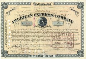 American Express Stock signed by Francis F. Flagg, W. C. Fargo and J.F. Fargo - 1911-1914 dated Autograph Stock Certificate