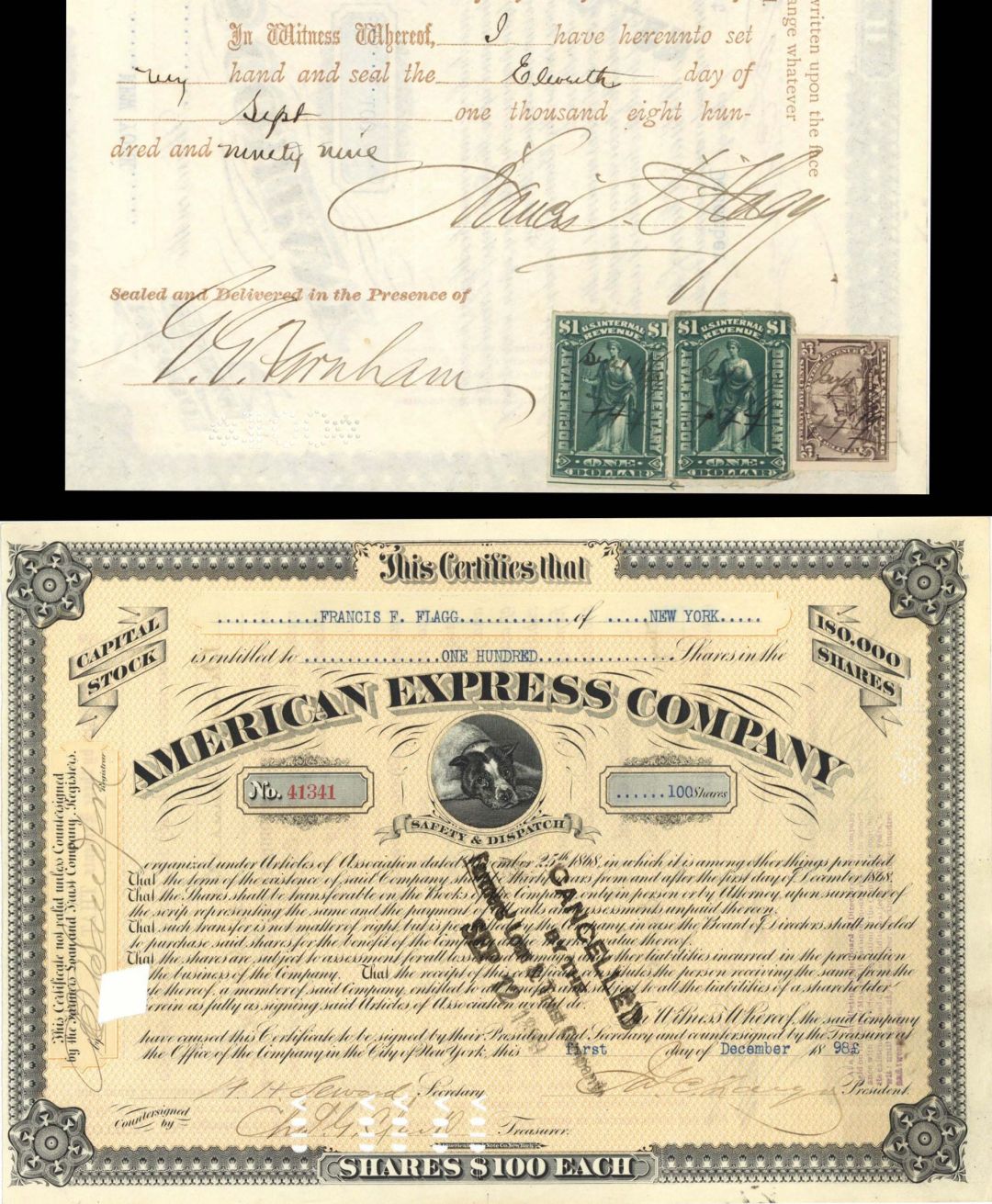American Express Stock issued to and signed by Francis F. Flagg and J. C. Fargo and W. H. Seward, Jr. - 1898 dated Autograph Stock Certificate