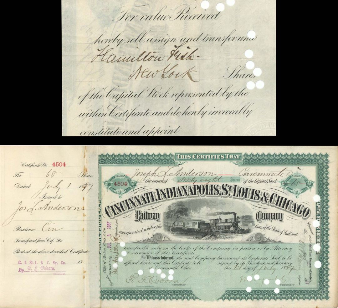 Cincinnati, Indianapolis, St. Louis and Chicago Railway Co. Transferred to Hamilton Fish - 1887 or 1889 dated Railroad Stock Certificate