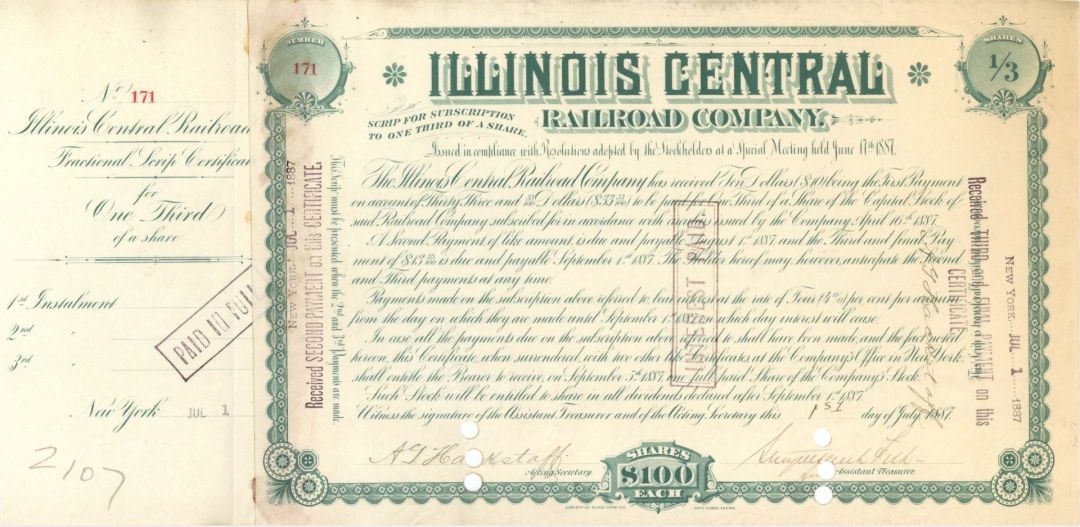 Illinois Central Railroad Co. signed by Stuyvesant Fish - 1887 dated Autograph Stock Certificate