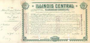Illinois Central Railroad Co. signed by Stuyvesant Fish - 1887 dated Autograph Stock Certificate