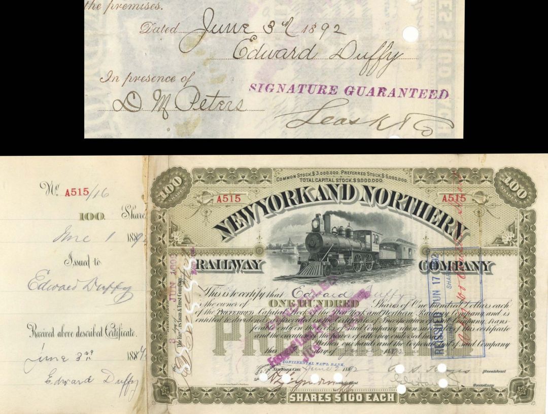 New York and Northern Railway Co. issued to and signed by Edward Duffy - 1892 dated Autograph Stock Certificate