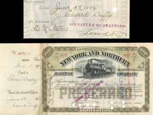 New York and Northern Railway Co. issued to and signed by Edward Duffy - 1892 dated Autograph Stock Certificate