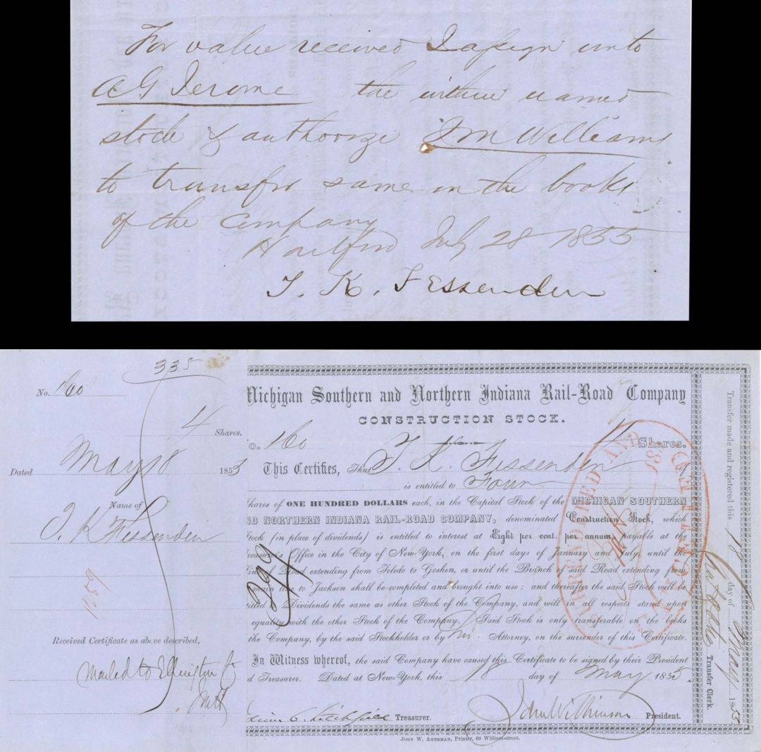 Michigan Southern and Northern Rail-Road Co. issued to and signed by T.K. Fessenden - 1855 dated Autograph Stock Certificate