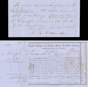 Michigan Southern and Northern Rail-Road Co. issued to and signed by T.K. Fessenden - 1855 dated Autograph Stock Certificate