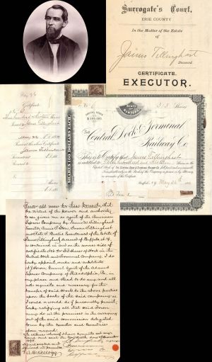 Central Dock and Terminal Railway Co. issued to and signed by James Tillinghast - 1890 dated Autograph Stock Certificate