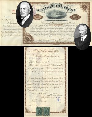 Standard Oil Trust Signed by J.D. Rockefeller and H.M. Flagler - 1885 and 1899 dated Autographed Stock Certificate