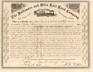 Baltimore and Ohio Rail Road Co. signed by J.W. Garrett - 1875 dated Autographed Stock Certificate