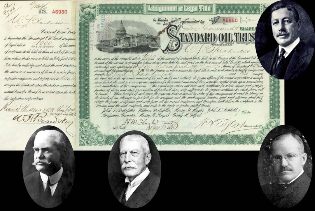 Standard Oil Trust Issued to W.L. Harkness and Signed by W. H. Tilford, H.M. Flagler and W.H. Beardsley - 1896 dated Stock Certificate