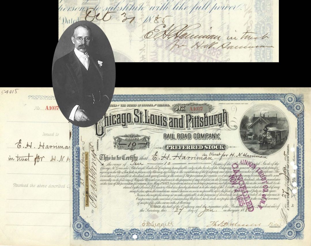 Chicago, St. Louis and Pittsburgh Railroad Co. Issued to and signed by E.H. Harriman - 1885 dated Autographed Stock Certificate