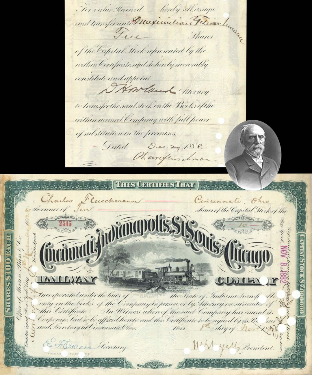 Cincinnati, Indianapolis, St. Louis and Chicago Railway Co. Issued to and Signed by Charles Fleischmann - 1882 dated Autographed Stock Certificate