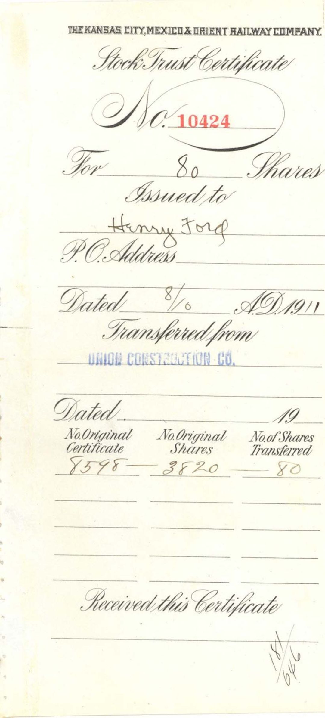 Kansas City, Mexico and Orient Railway Co. Stock Stub Issued to Henry Ford and others - 1911 dated Stock Stub