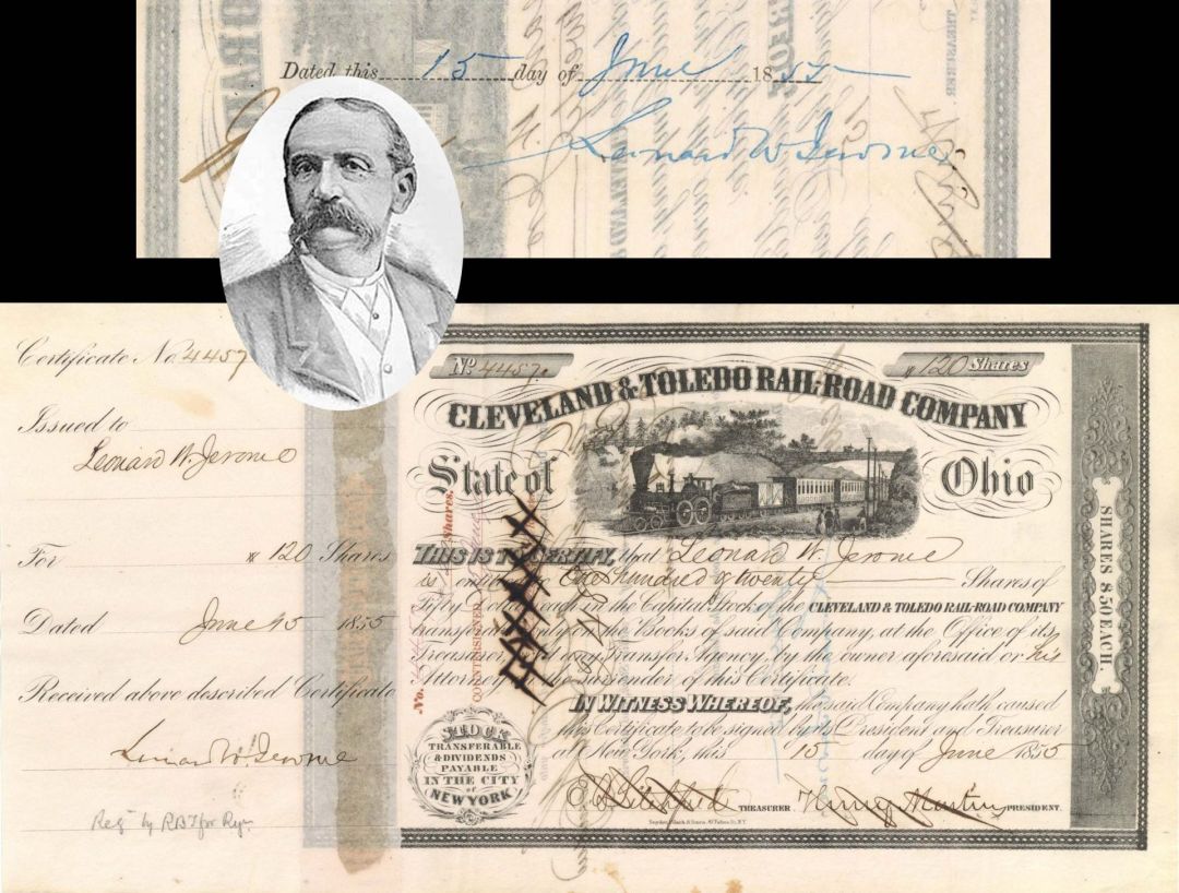 Cleveland and Toledo Rail-Road issued to and signed by Leonard W. Jerome twice - 1855 or 1856 dated Autographed Stock Certificate