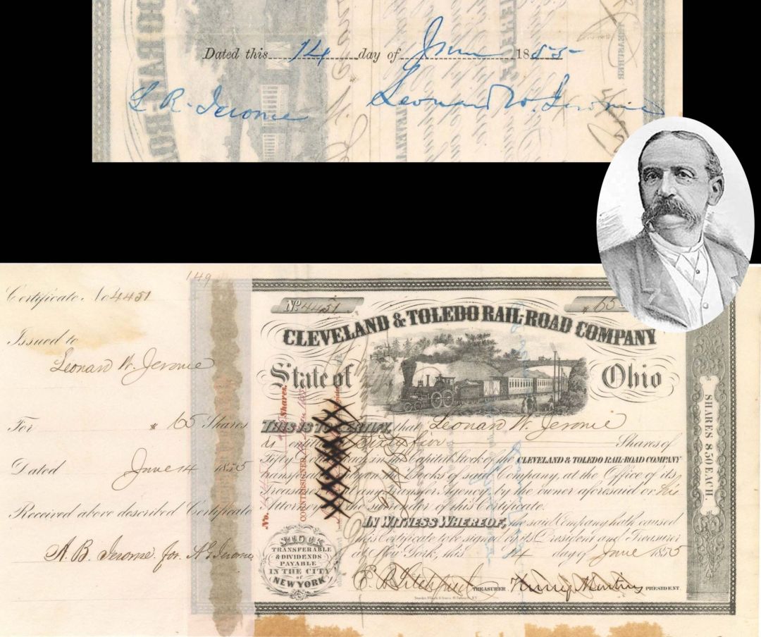 Cleveland and Toledo Rail-Road issued to and signed by Leonard W. Jerome, L.R. Jerome and A.B. Jerome - 1855 dated Autographed Stock Certificate