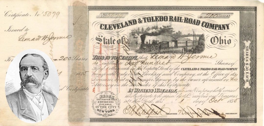 Cleveland and Toledo Rail-Road issued to Leonard W. Jerome - 1855 dated Stock Certificate