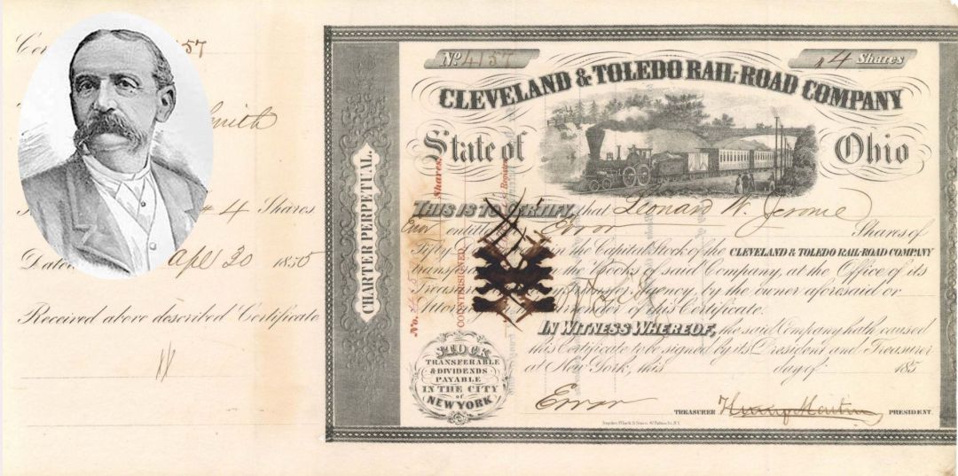 Cleveland and Toledo Rail-Road issued in error to Leonard W. Jerome - 185- dated Stock Certificate
