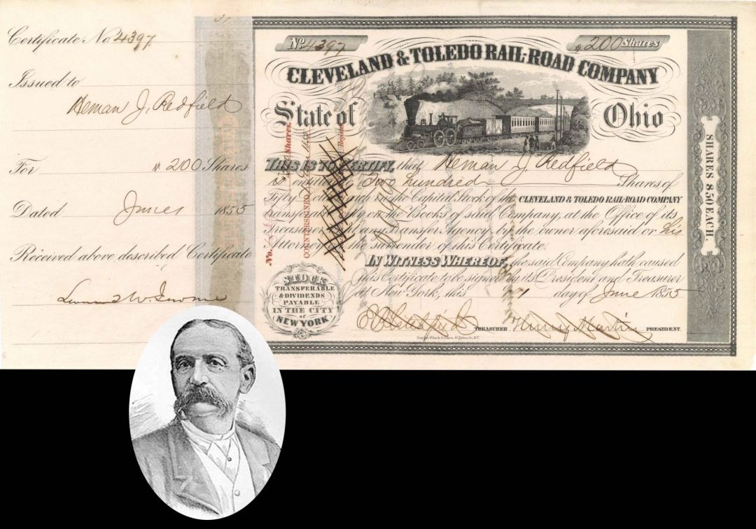 Cleveland and Toledo Rail-Road Signed at stub by Leonard W. Jerome for Heman J. Redfield - 1855 dated Autographed Stock Certificate