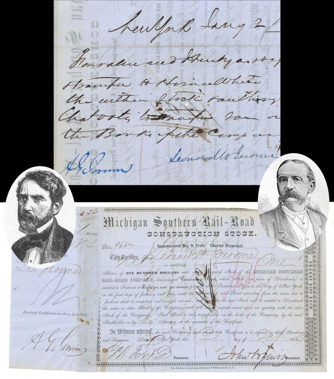 Michigan Southern  Rail-Road Co. issued to and signed by Leonard W. Jerome and A.G. Jerome - 1854 dated Autographed Railway Stock Certificate