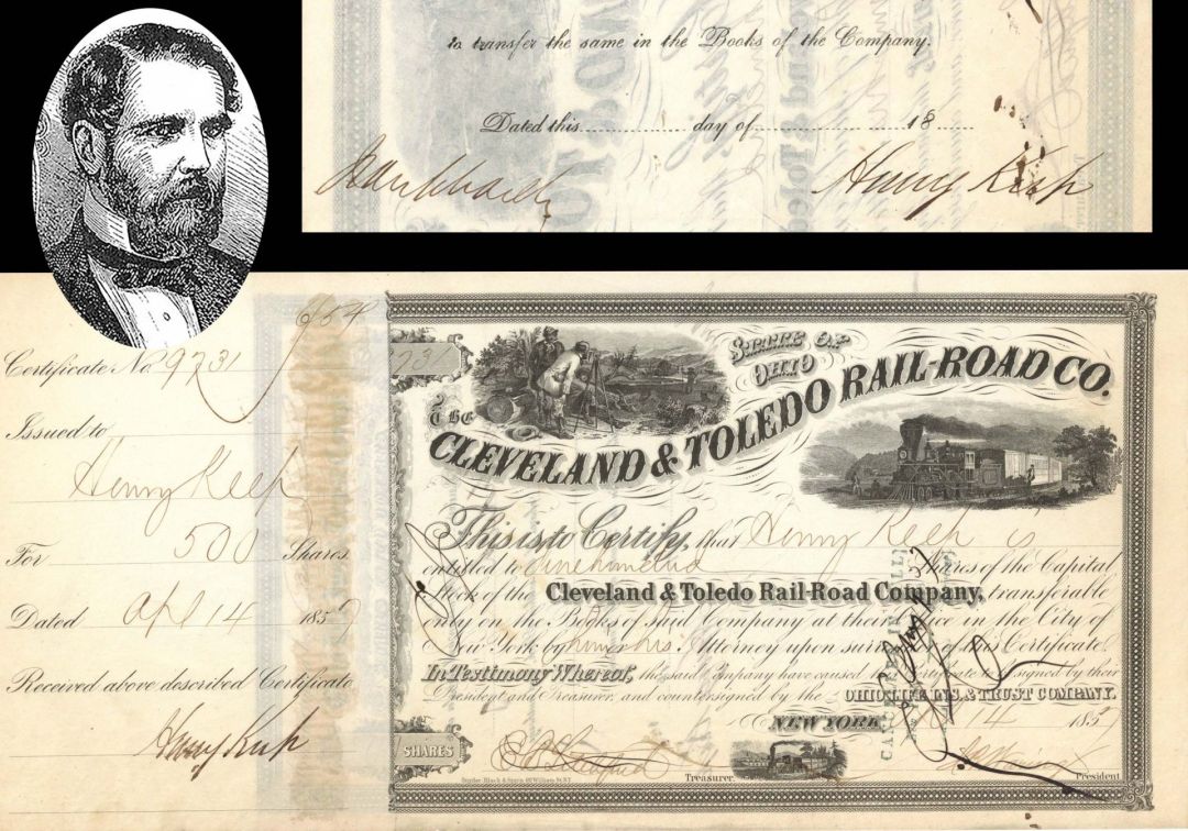 Cleveland and Toledo Rail-Road Co. issued to and signed by Henry Keep Twice - 1857 or 1858 dated Autographed Stock Certificate