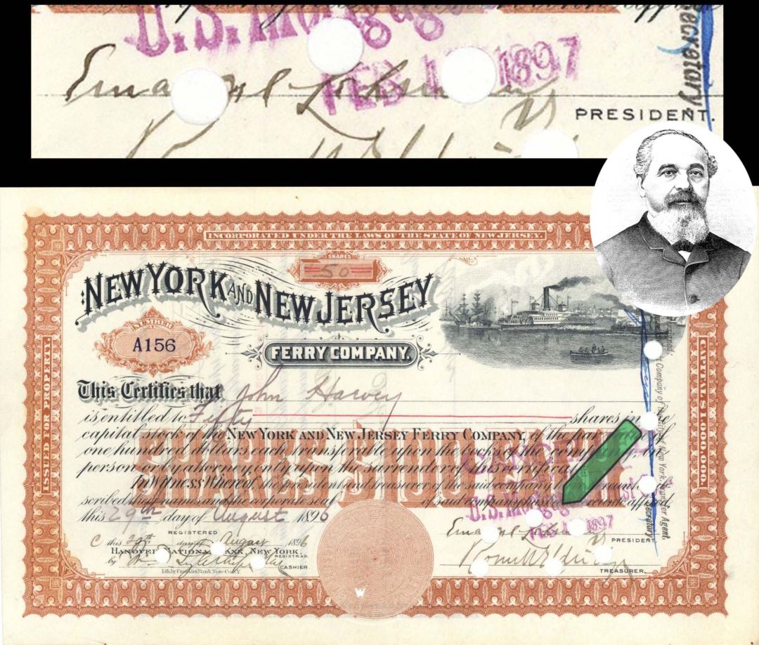 New York and New Jersey Ferry Co. signed by Emanuel Lehman - 1896 dated Autograph Stock Certificate - Lehman Brothers Fame