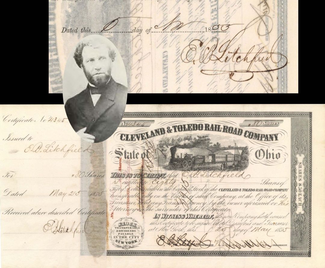 Cleveland and Toledo Rail-Road Co. issued to and signed by E.B. Litchfield 3 times - 1855 and 1857 dated Autographed Stock Certificate