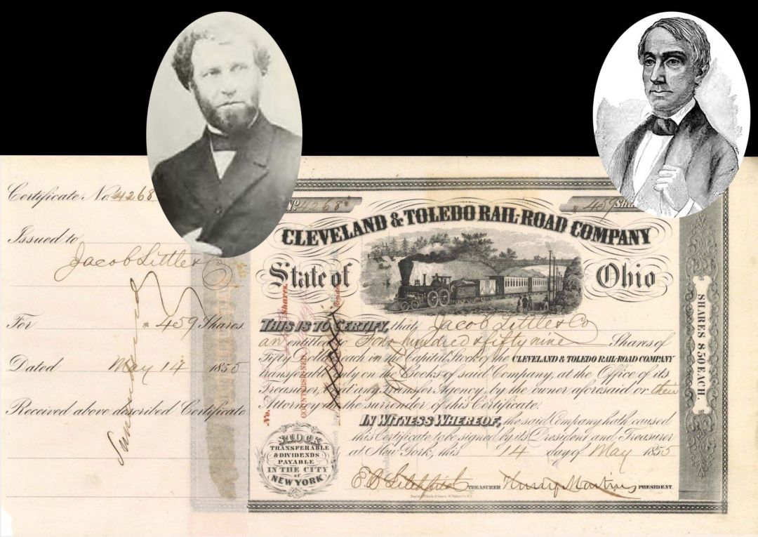 Cleveland and Toledo Rail-Road Co. issued to Jacob Little and Co. and signed by E.B. Litchfield - 1855 or 1856 dated Autographed Stock Certificate