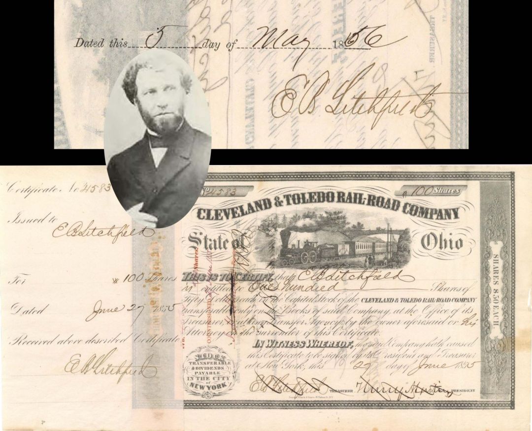 Cleveland and Toledo Rail-Road Co. issued to and signed by E.B. Litchfield 4 times - 1855 and 1856 dated Autographed Stock Certificate