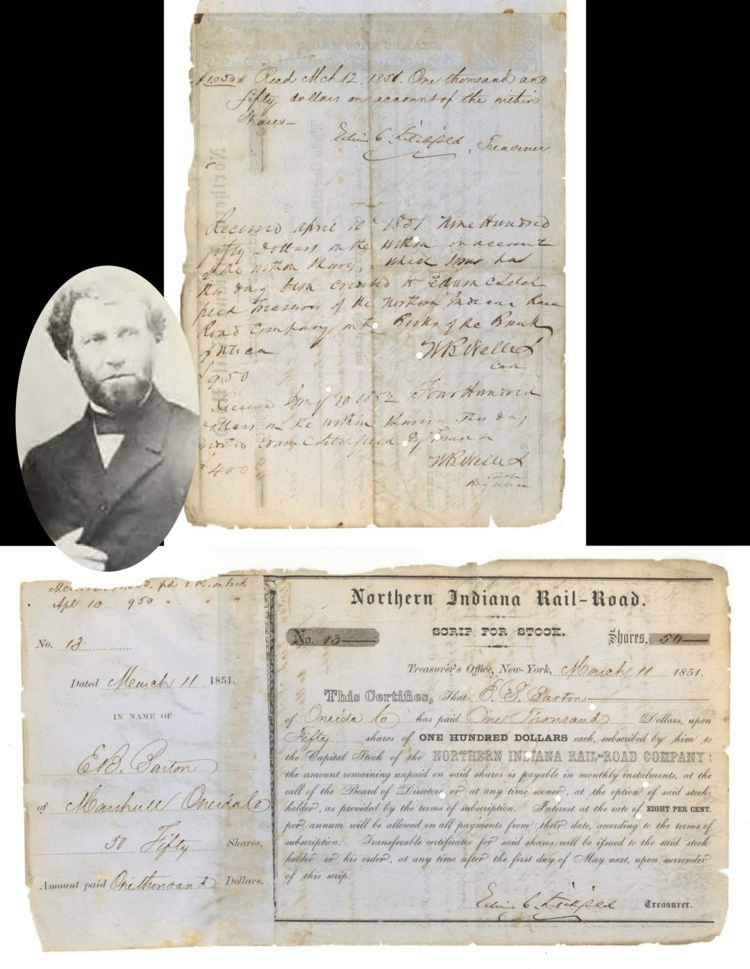 Northern Indiana Rail-Road Scrip signed by Edwin C. Litchfield - 1851 or 1852 dated Autographed Stock Certificate