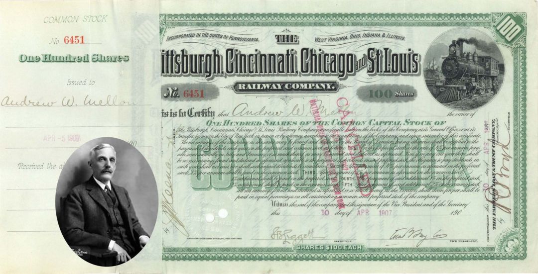 Pittsburgh, Cincinnati, Chicago and St. Louis Railway Co. Issued to Andrew W. Mellon - 1907 dated Stock Certificate