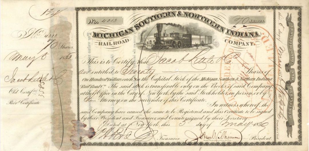 Michigan Southern and Northern Indiana Railroad Co. issued to Jacob Little  - 1856 dated Autographed Stock Certificate