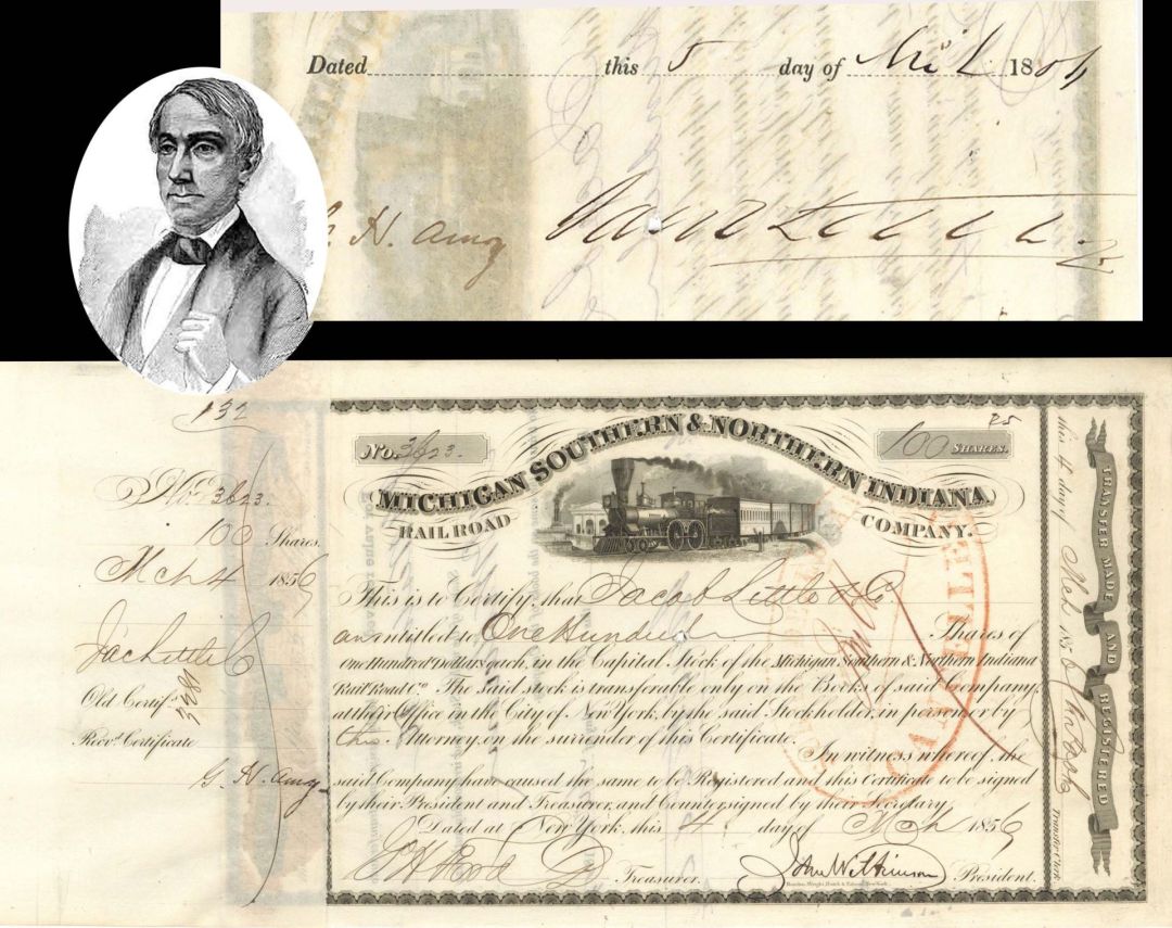 Michigan Southern and Northern Indiana Railroad Co. issued to Jacob Little and Co. and signed by Jacob Little  - 1856 dated Autographed Stock Certificate